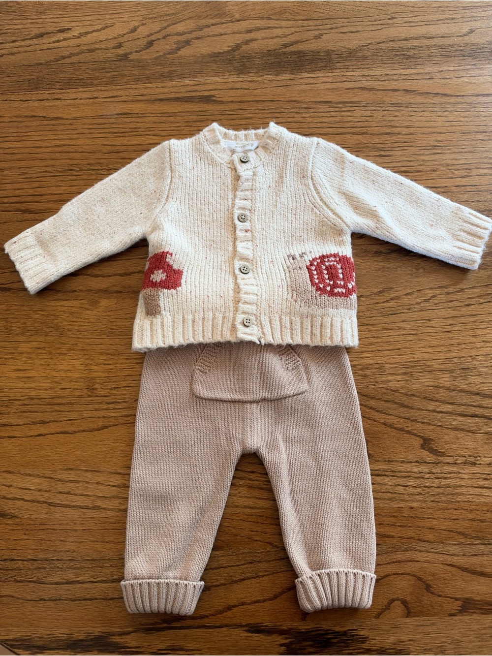 Mayoral Cream Cardigan Sweater Mushroom Snail Knit Pants Outfit Fall 4-6 Months